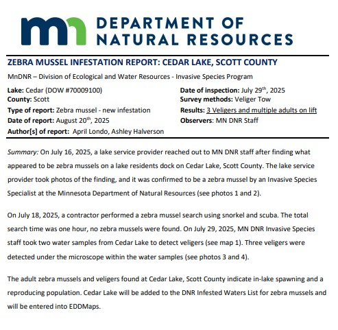 Invasive Zebra Mussels Confirmed in Cedar Lake